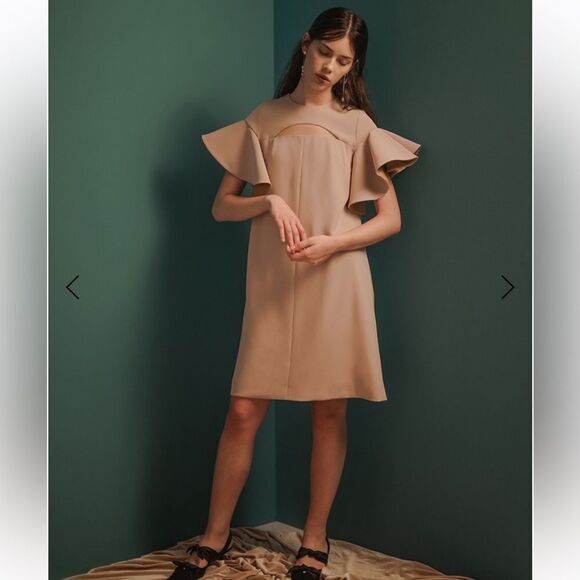 Peggy Hartanto Dress Mod Exaggerated Ruffled Sleeves Babydoll Dress Tan Size 2 - Picture 15 of 15